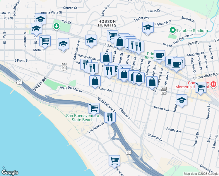 map of restaurants, bars, coffee shops, grocery stores, and more near 375 South Santa Cruz Street in Ventura