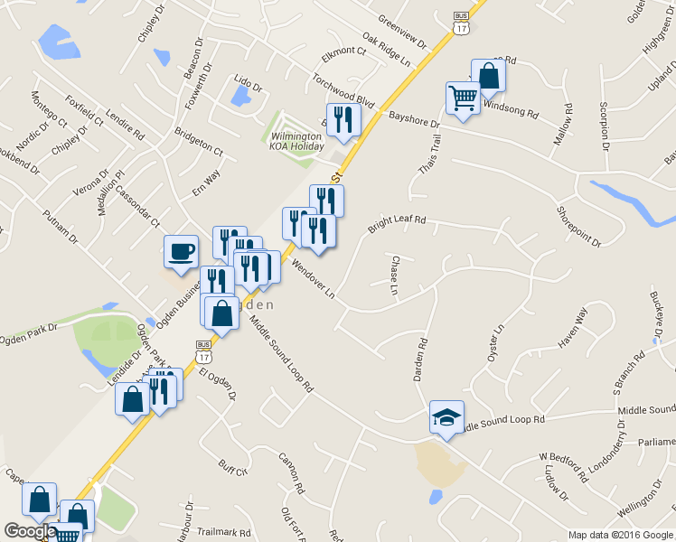 map of restaurants, bars, coffee shops, grocery stores, and more near 7305 Bright Leaf Road in Wilmington