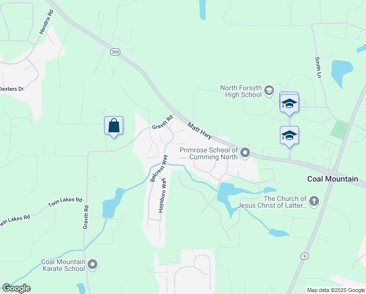 map of restaurants, bars, coffee shops, grocery stores, and more near 4550 Fernbrook Place in Cumming