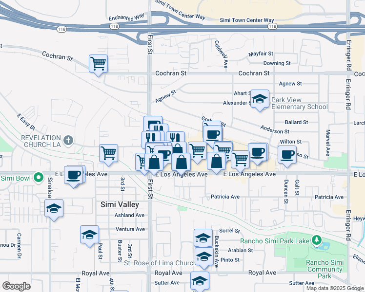 map of restaurants, bars, coffee shops, grocery stores, and more near 1227 East Los Angeles Avenue in Simi Valley