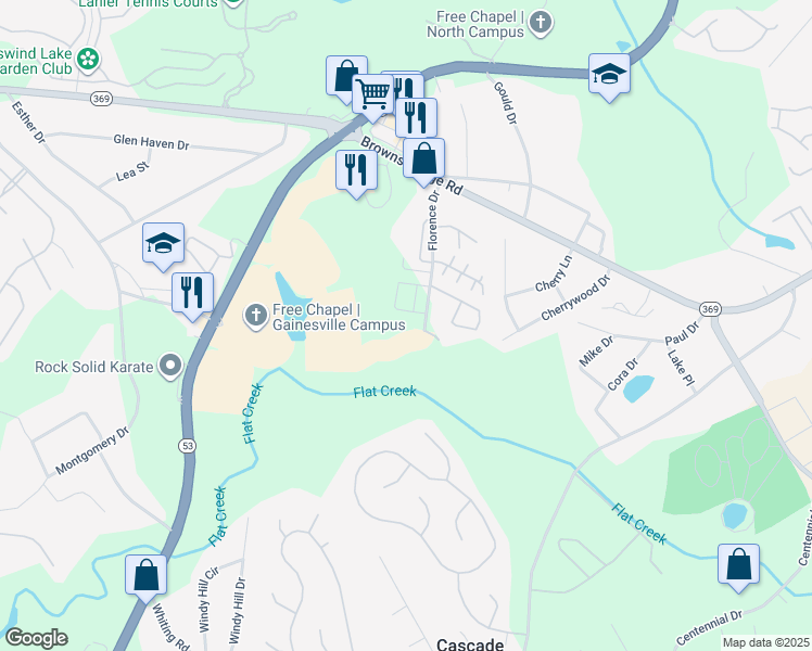 map of restaurants, bars, coffee shops, grocery stores, and more near 2938 Florence Drive in Gainesville