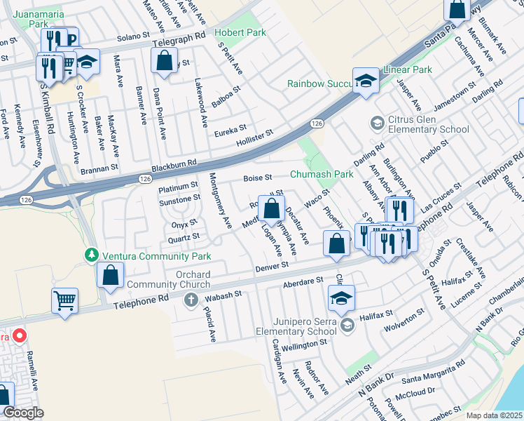 map of restaurants, bars, coffee shops, grocery stores, and more near 8513 Medford Street in Ventura