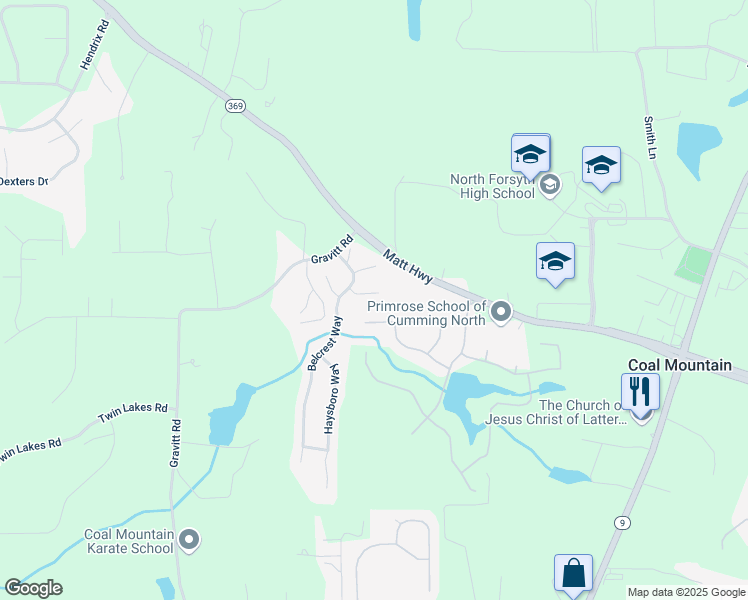map of restaurants, bars, coffee shops, grocery stores, and more near 4550 Fernbrook Place in Cumming