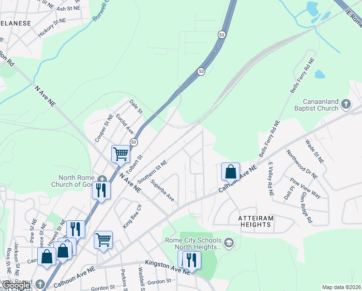 map of restaurants, bars, coffee shops, grocery stores, and more near 2201 Southern Street Northeast in Rome