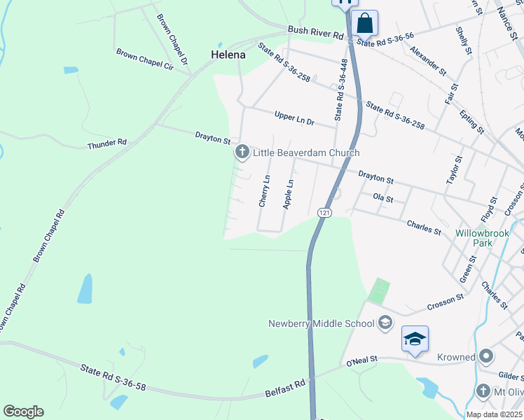 map of restaurants, bars, coffee shops, grocery stores, and more near 623 Cherry Lane in Newberry