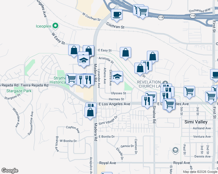 map of restaurants, bars, coffee shops, grocery stores, and more near 2117 Electra Avenue in Simi Valley