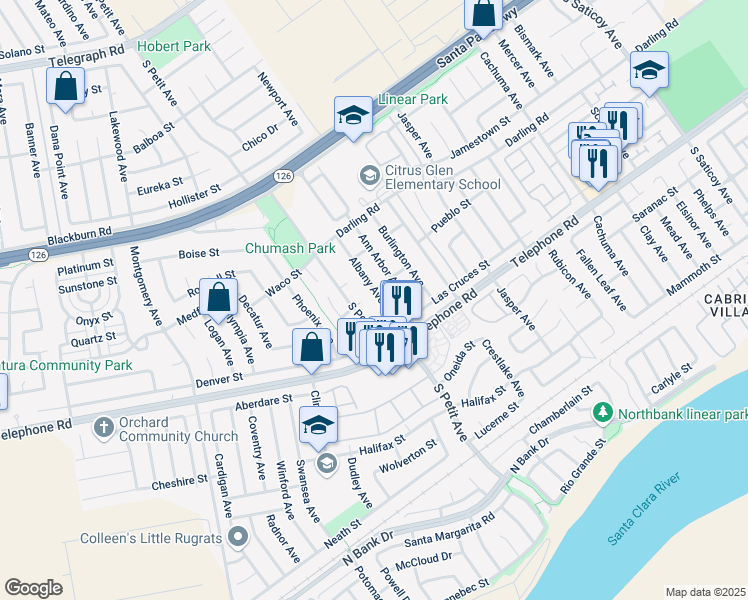 map of restaurants, bars, coffee shops, grocery stores, and more near 945 Albany Avenue in Ventura