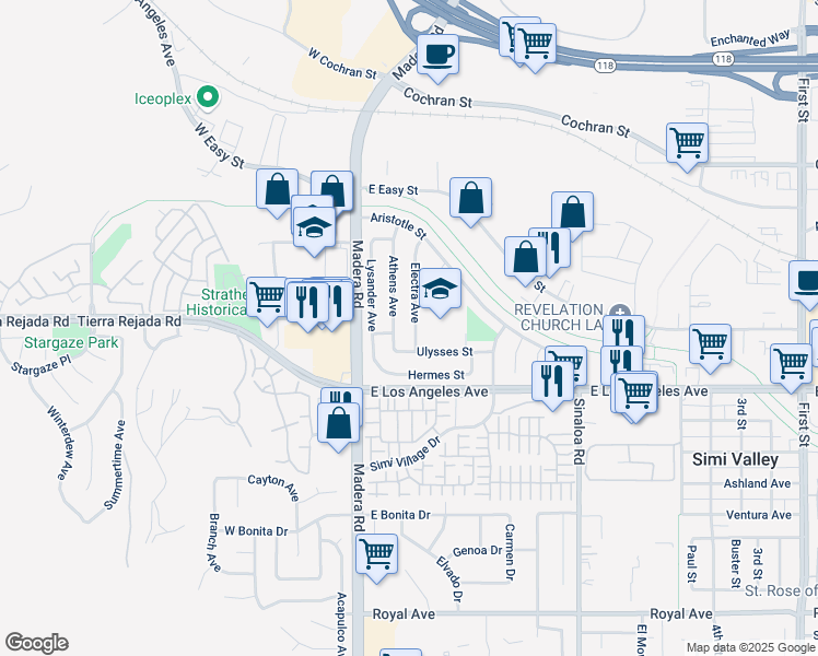 map of restaurants, bars, coffee shops, grocery stores, and more near 2117 Electra Avenue in Simi Valley