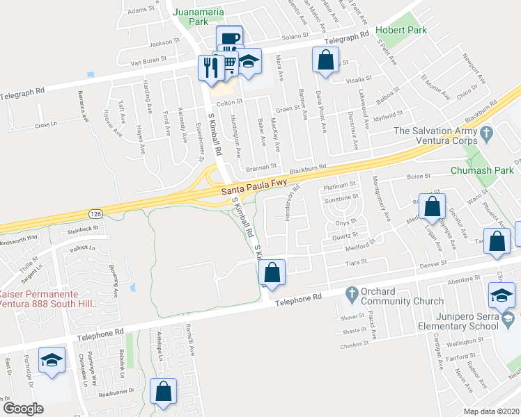 map of restaurants, bars, coffee shops, grocery stores, and more near 649 Sapphire Avenue in Ventura