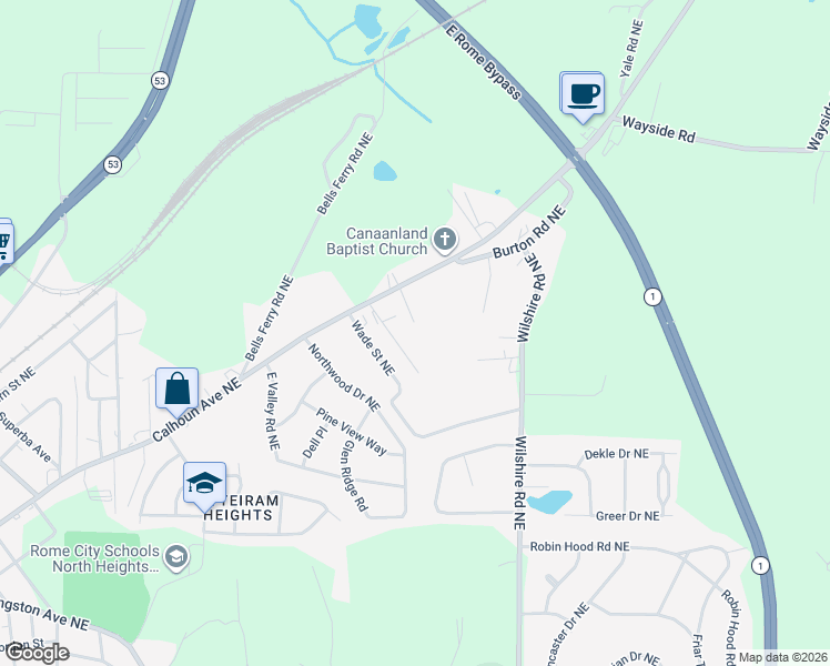 map of restaurants, bars, coffee shops, grocery stores, and more near 45 Banister Drive Northeast in Rome