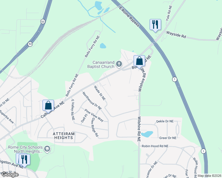 map of restaurants, bars, coffee shops, grocery stores, and more near 45 Banister Drive Northeast in Rome