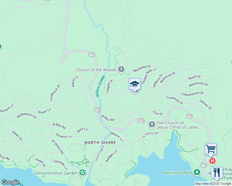 map of restaurants, bars, coffee shops, grocery stores, and more near 1317 Montreal Drive in Lake Arrowhead
