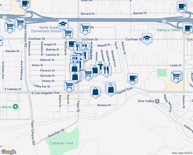 map of restaurants, bars, coffee shops, grocery stores, and more near 4525 Industrial Street in Simi Valley