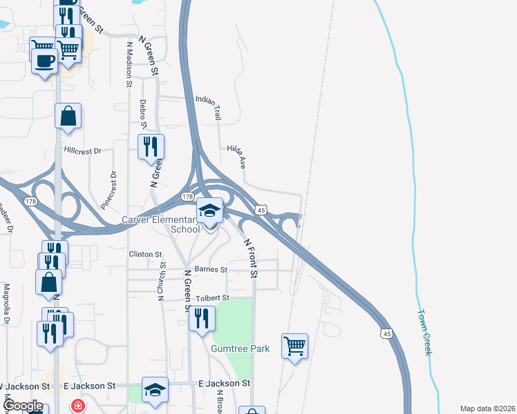 map of restaurants, bars, coffee shops, grocery stores, and more near Martin Luther King Drive in Tupelo