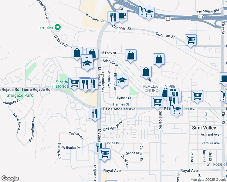 map of restaurants, bars, coffee shops, grocery stores, and more near 2117 Electra Avenue in Simi Valley