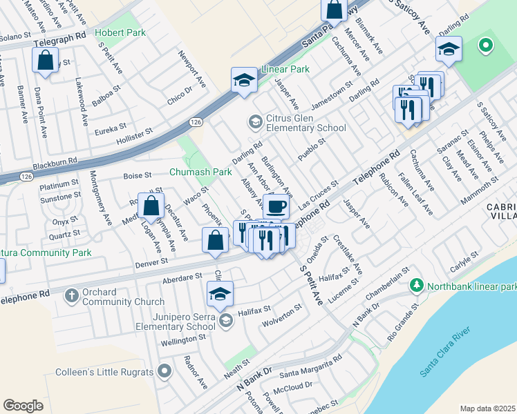 map of restaurants, bars, coffee shops, grocery stores, and more near 945 Albany Avenue in Ventura