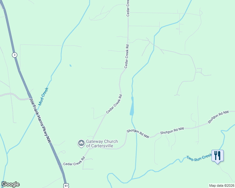 map of restaurants, bars, coffee shops, grocery stores, and more near 160 Cedar Creek Road in Cartersville