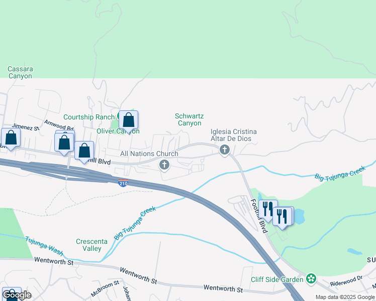 map of restaurants, bars, coffee shops, grocery stores, and more near 9830 Foothill Boulevard in Los Angeles