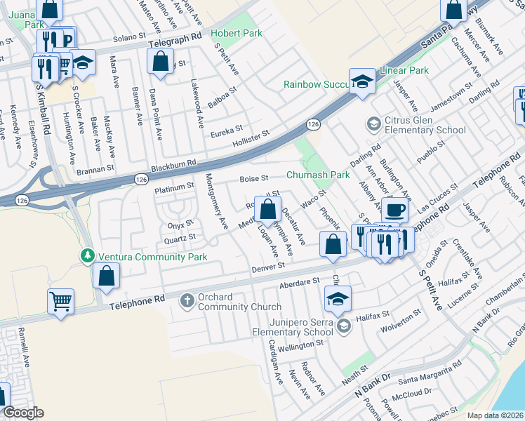 map of restaurants, bars, coffee shops, grocery stores, and more near 8543 Medford Street in Ventura