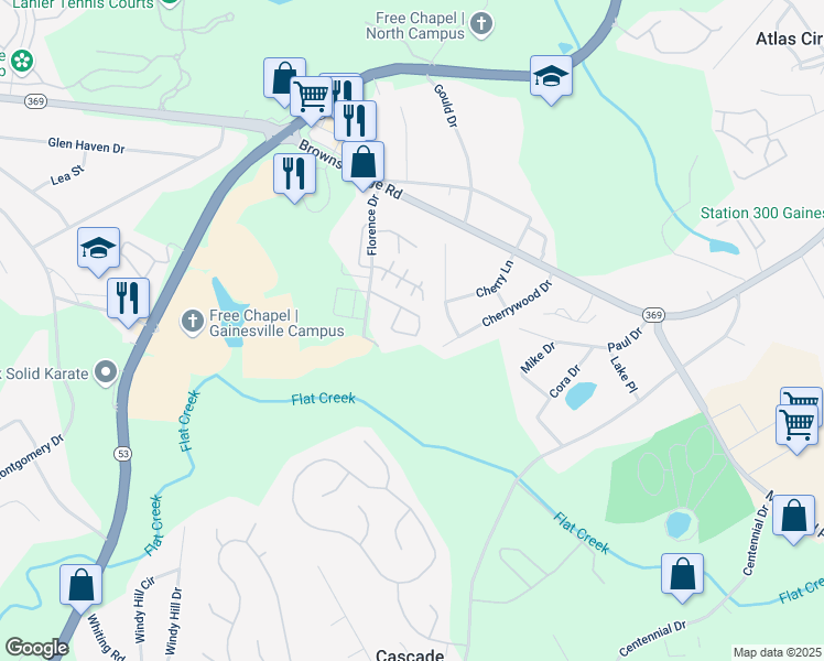 map of restaurants, bars, coffee shops, grocery stores, and more near 3010 Bentley Park Circle in Gainesville