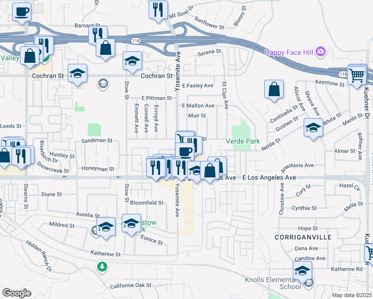 map of restaurants, bars, coffee shops, grocery stores, and more near 2090 Yosemite Avenue in Simi Valley