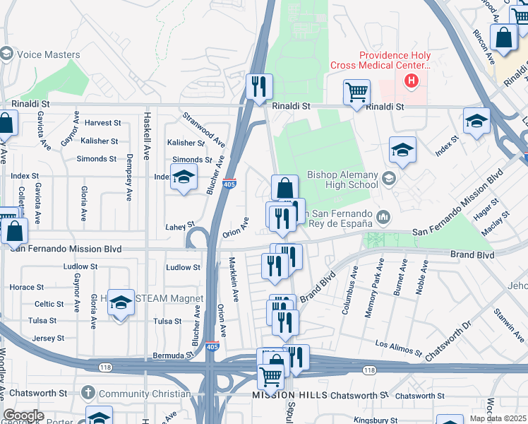 map of restaurants, bars, coffee shops, grocery stores, and more near 11155 Sepulveda Boulevard in Los Angeles