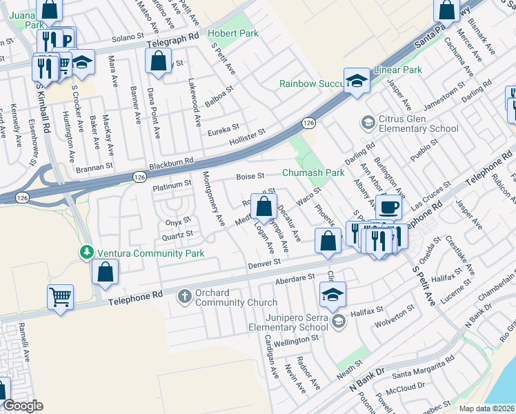map of restaurants, bars, coffee shops, grocery stores, and more near 8543 Medford Street in Ventura