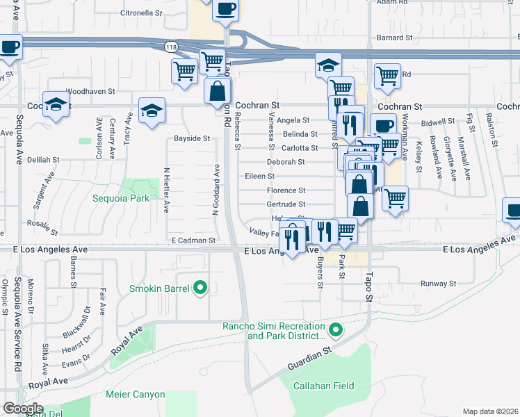 map of restaurants, bars, coffee shops, grocery stores, and more near 4049 Helene Street in Simi Valley