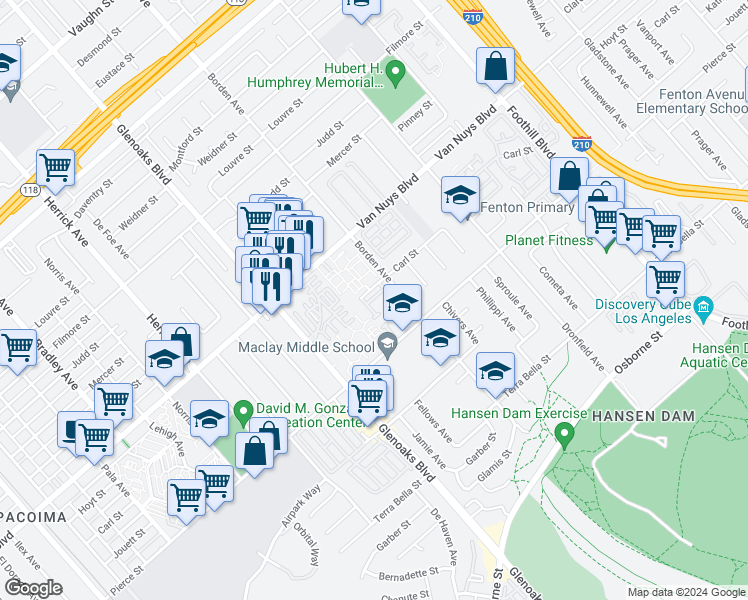 map of restaurants, bars, coffee shops, grocery stores, and more near 12600 Carl Street in Los Angeles