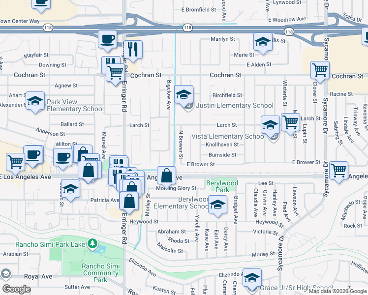 map of restaurants, bars, coffee shops, grocery stores, and more near 2108 North Brower Street in Simi Valley