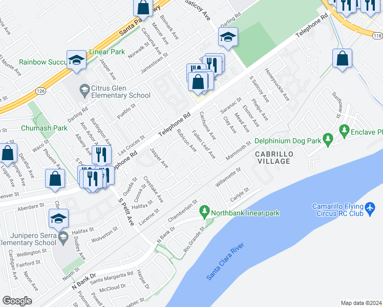 map of restaurants, bars, coffee shops, grocery stores, and more near 10037 Santee Court in Ventura