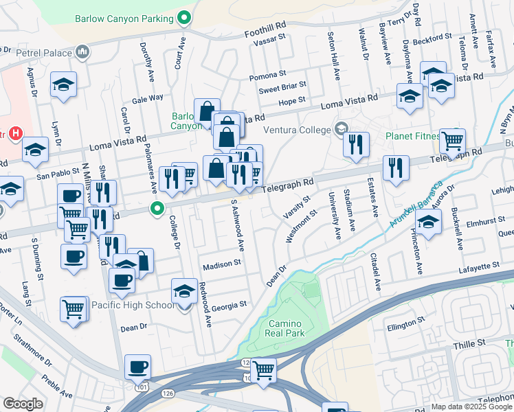 map of restaurants, bars, coffee shops, grocery stores, and more near 12 Brentwood Avenue in Ventura