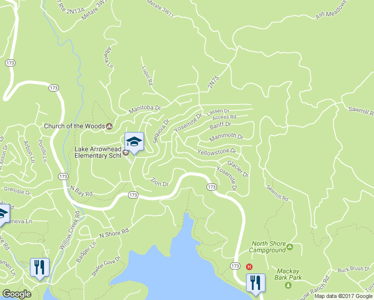 map of restaurants, bars, coffee shops, grocery stores, and more near 1374 Yellowstone Drive in Lake Arrowhead