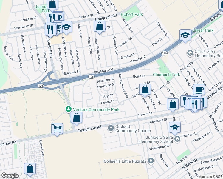 map of restaurants, bars, coffee shops, grocery stores, and more near 8228 Silver Circle in Ventura