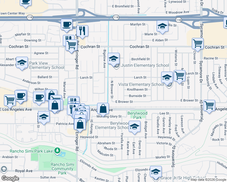map of restaurants, bars, coffee shops, grocery stores, and more near 2108 North Brower Street in Simi Valley