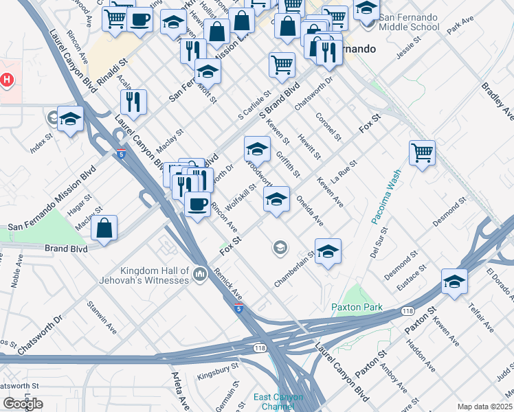 map of restaurants, bars, coffee shops, grocery stores, and more near 11207 Amboy Avenue in San Fernando