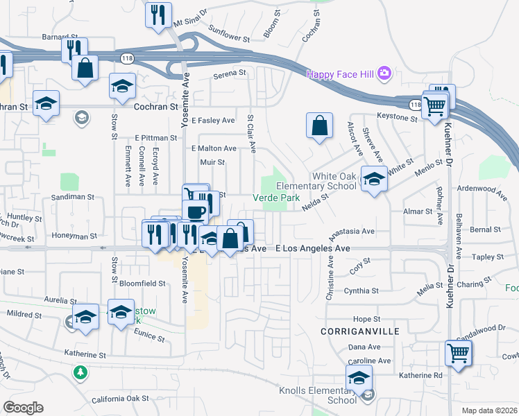 map of restaurants, bars, coffee shops, grocery stores, and more near 6002 Nelda Street in Simi Valley