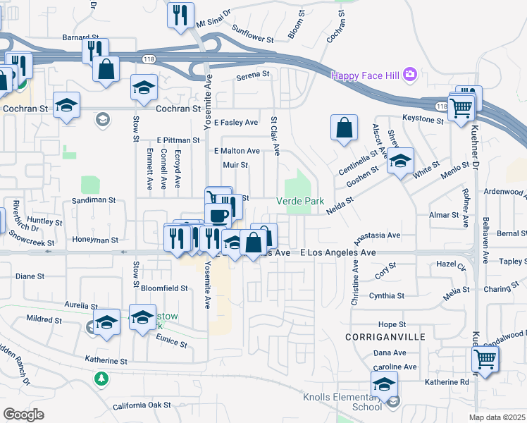 map of restaurants, bars, coffee shops, grocery stores, and more near 2067 North Avenida Vista Del Monte in Simi Valley