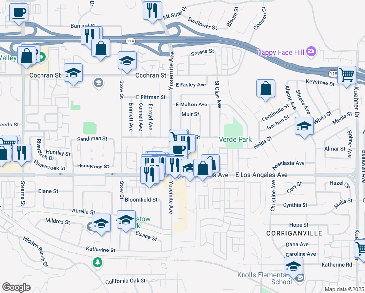 map of restaurants, bars, coffee shops, grocery stores, and more near 2090 Yosemite Avenue in Simi Valley