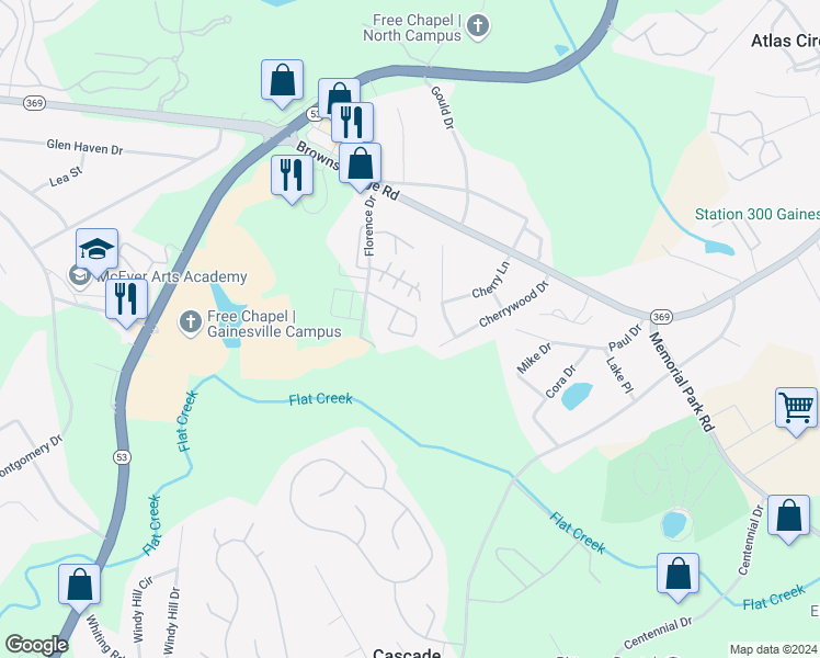 map of restaurants, bars, coffee shops, grocery stores, and more near 3010 Bentley Park Circle in Gainesville