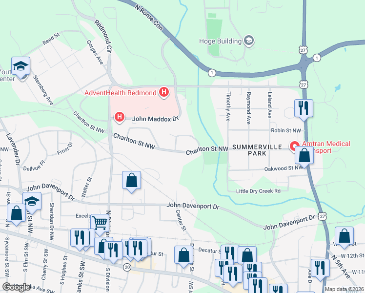 map of restaurants, bars, coffee shops, grocery stores, and more near 510 Charlton Street Northwest in Rome