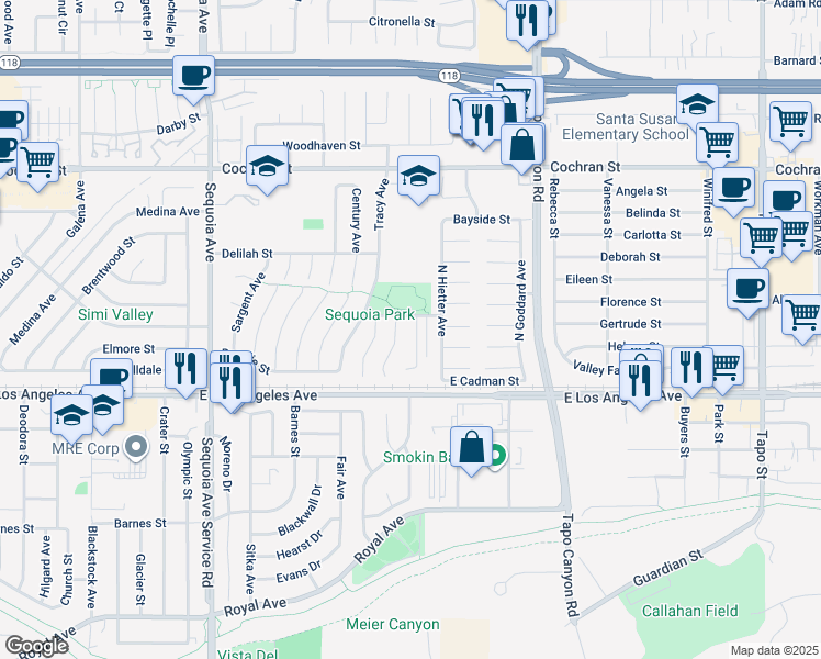 map of restaurants, bars, coffee shops, grocery stores, and more near 2085 Bolivar Court in Simi Valley