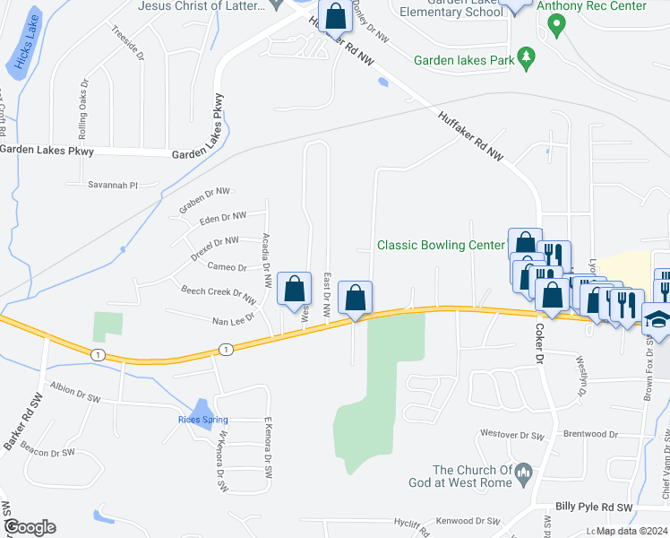 map of restaurants, bars, coffee shops, grocery stores, and more near 20 East Drive Northwest in Rome