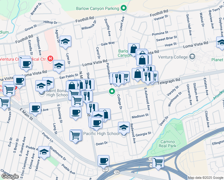 map of restaurants, bars, coffee shops, grocery stores, and more near 3785 Telegraph Road in Ventura