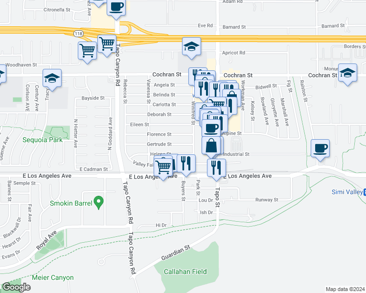 map of restaurants, bars, coffee shops, grocery stores, and more near 4248 Gertrude Street in Simi Valley