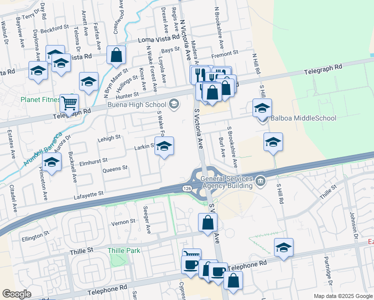 map of restaurants, bars, coffee shops, grocery stores, and more near 5670 Telegraph Road in Ventura