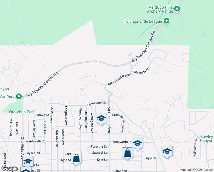 map of restaurants, bars, coffee shops, grocery stores, and more near 11300 Mount Gleason Avenue in Los Angeles