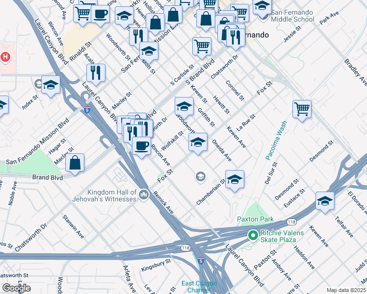 map of restaurants, bars, coffee shops, grocery stores, and more near 11207 Amboy Avenue in San Fernando