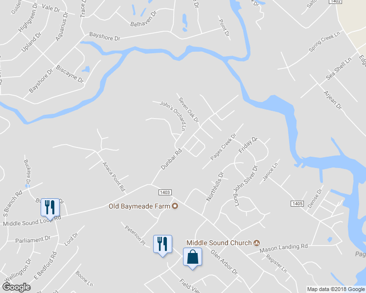 map of restaurants, bars, coffee shops, grocery stores, and more near 7451 Dunbar Road in Wilmington