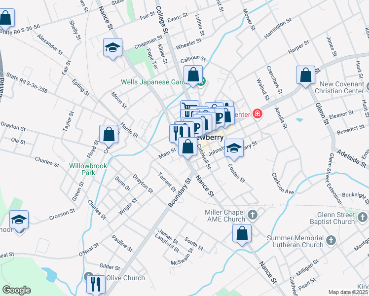 map of restaurants, bars, coffee shops, grocery stores, and more near 1008 Main Street in Newberry